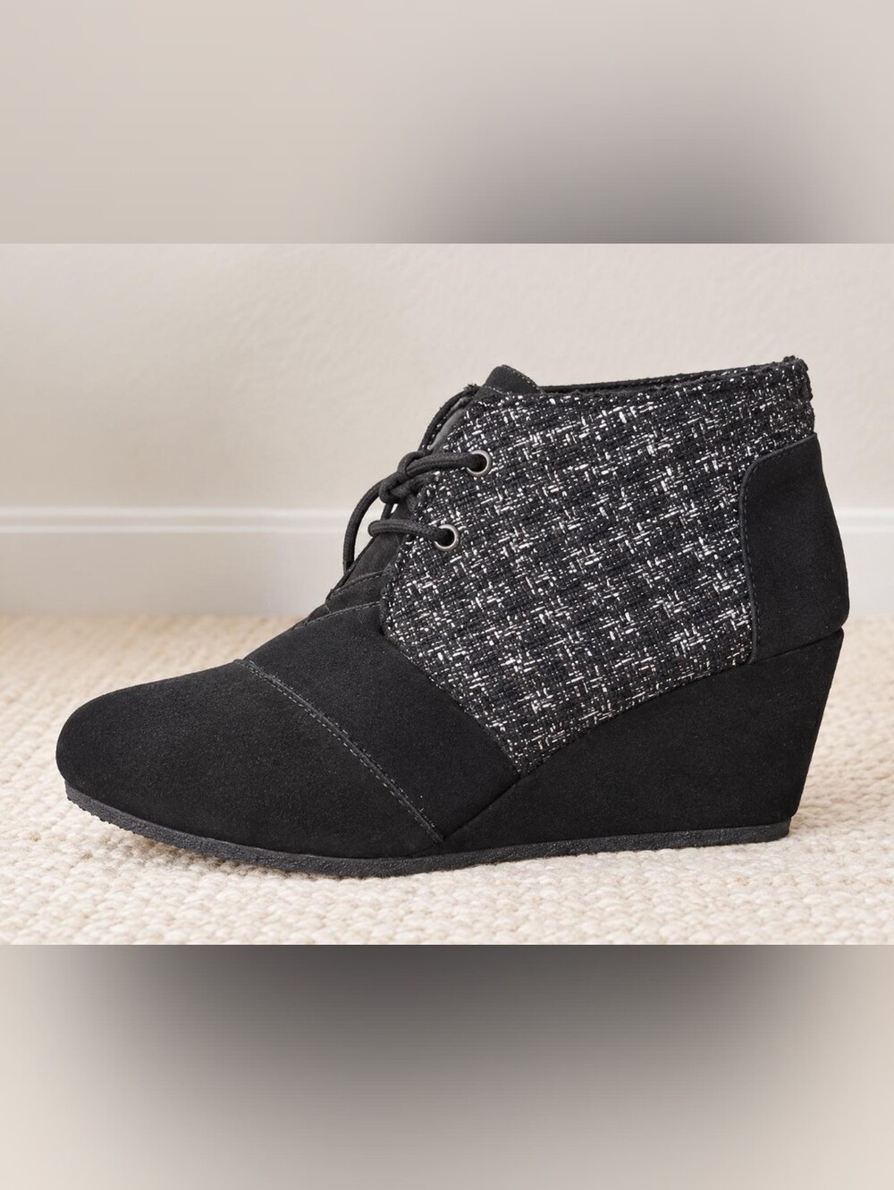 Toms Kala Black Suede and Silver Tweed Wedge Booties